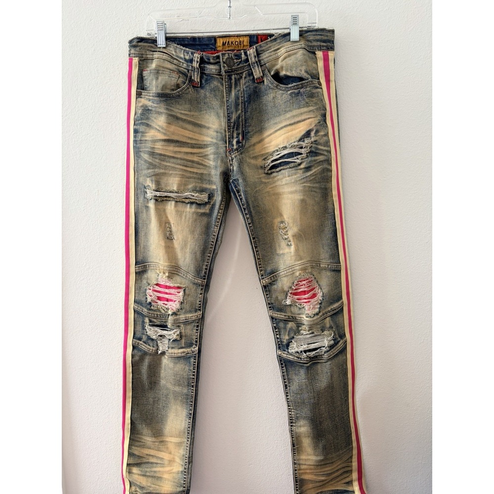 Makobi M1769 Jeans Mens 32x32 Distressed Slim Fit Side Striped Denim Pink